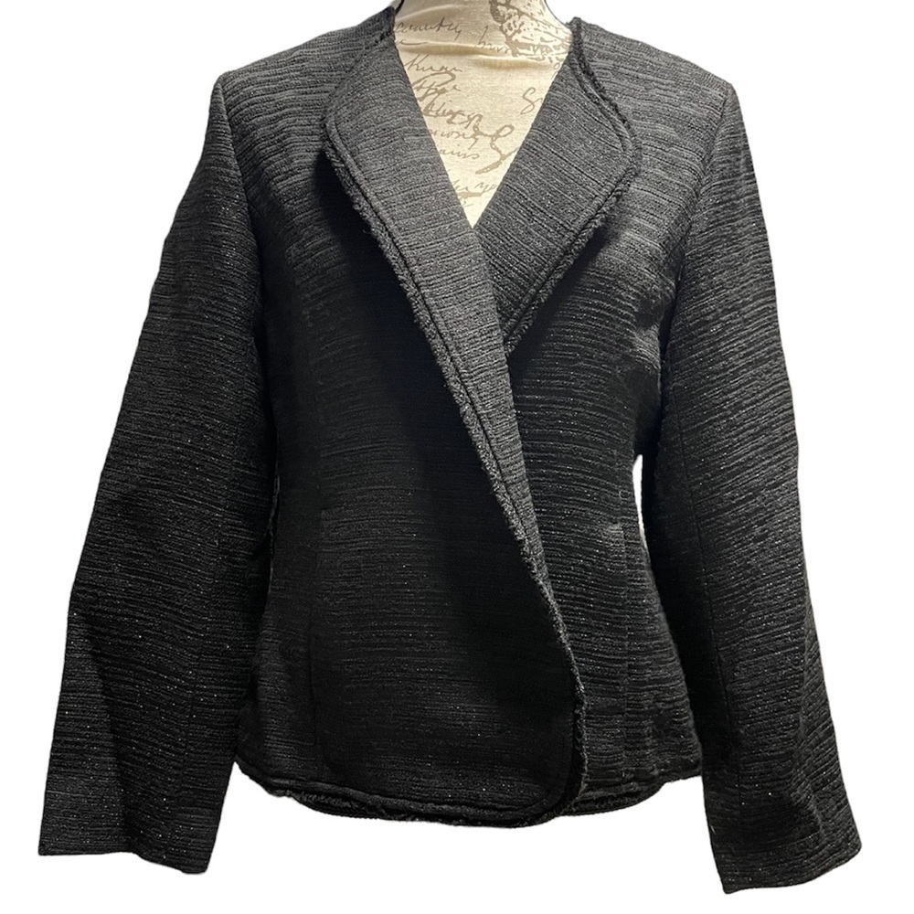 Eileen Fisher blazer metallic shimmer tweed fringe Italian silk fabric jacket sm